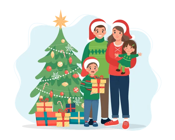 Family standing near christmas tree  Illustration