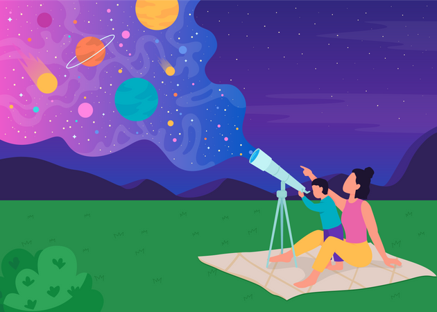 Family stargazing sky with telescope Illustration