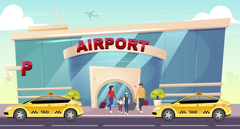 Family takes taxi at airport Illustration