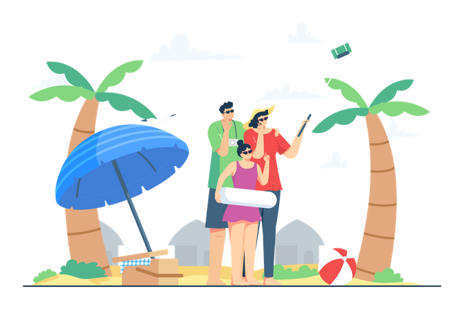 Family taking a selfie on the beach  Illustration