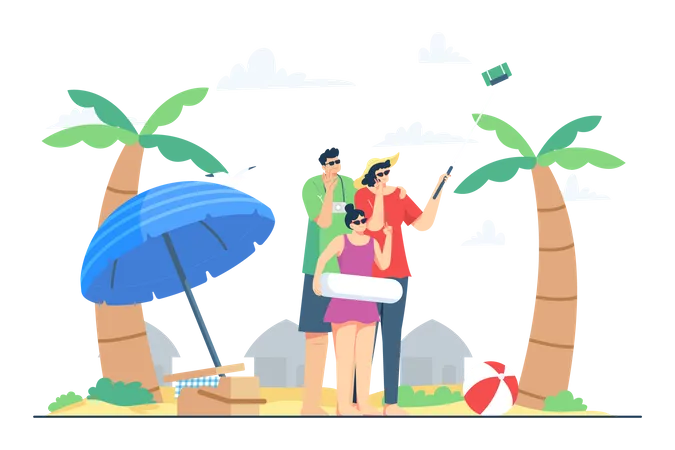 Family taking a selfie on the beach Illustration