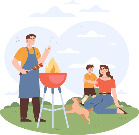 Family taking bbq meal outside  Illustration