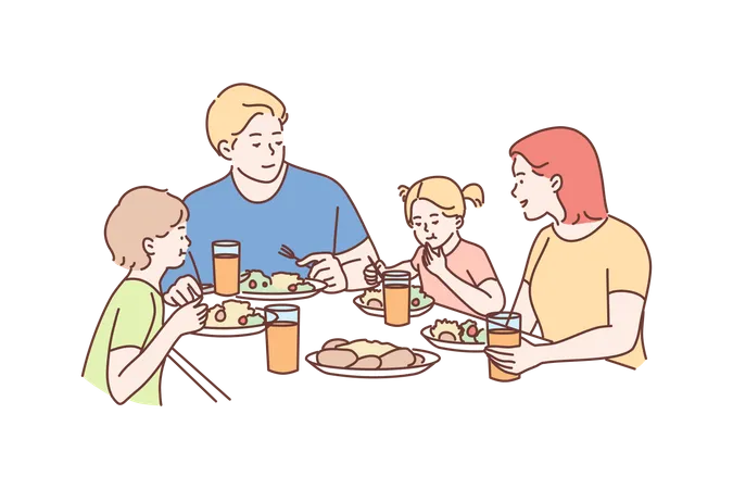 Family Meal Recreation Leisure Dinner Fatherhood Motherhood Childhood Concept Man Dad Woman Mom Children Kids Son Daughter Eating Breakfast Dinner Lunch Supper Together Fathers Or Mothers Day Illustration