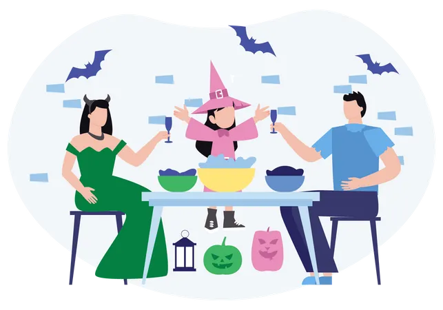 Family taking Halloween Dinner  Illustration