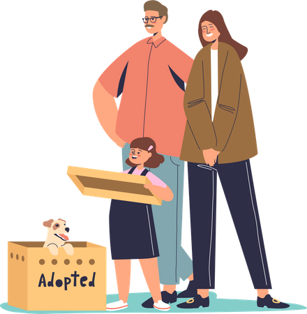 Family taking puppy from shelter  Illustration