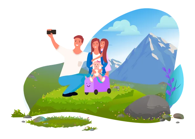 Family taking selfie on adventure holiday  Illustration