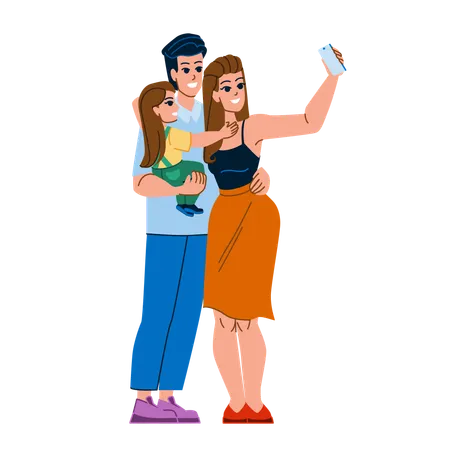 Family Selfie Vector Happy Father Mother Daughter Child Young Photo Lifestyle Vacation Summer Family Selfie Character People Flat Cartoon Illustration Illustration