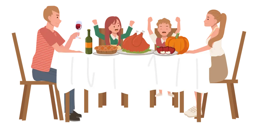 Happy Family Enjoying Thanksgiving Dinner Family Thanksgiving Celebration Illustration