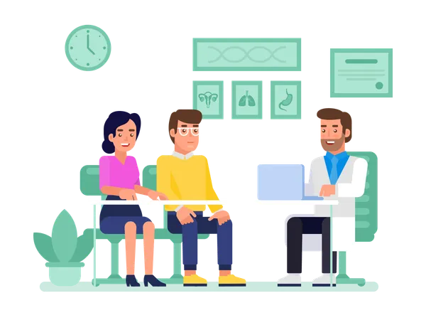 Medical Advisor Family Therapy Happy Young Couple And Confident Psychiatrist Sitting Together And Smiling Vector Flat Illustration Illustration
