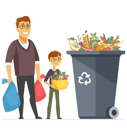 Best Premium Family throwing biodegradable waste in recycle bin  Illustration download in PNG & Vector format