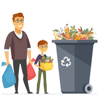 Family throwing biodegradable waste in recycle bin  Illustration