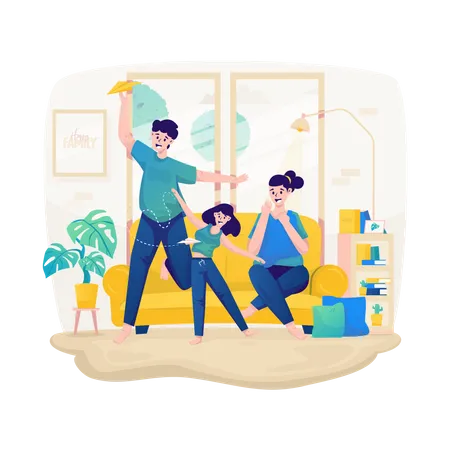 Family Leisure Time Playing Paper Airplane With Child Illustration Design Illustration