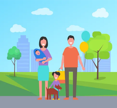 Family Day Father And Mother Spending Time With Children Parents And Newborn Child Daughter And Pet Dog Cityscape With Skyscrapers And Trees Vector Illustration