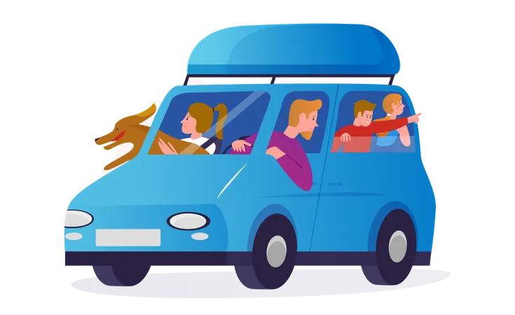Family People Travel In Car Vector Illustration Cartoon Happy Travelers Father Mother Children Characters And Dog Pet Ride In Automobile Vehicle Enjoy Auto Summer Travel On Road Background Illustration