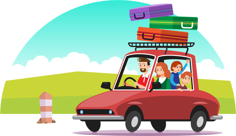 Family traveling by car  イラスト