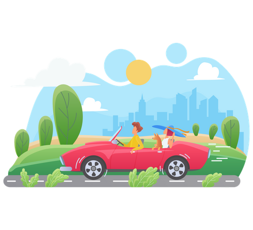 Family travelling in car  Illustration