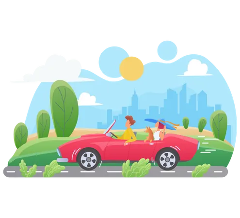 Family travelling in car  Illustration