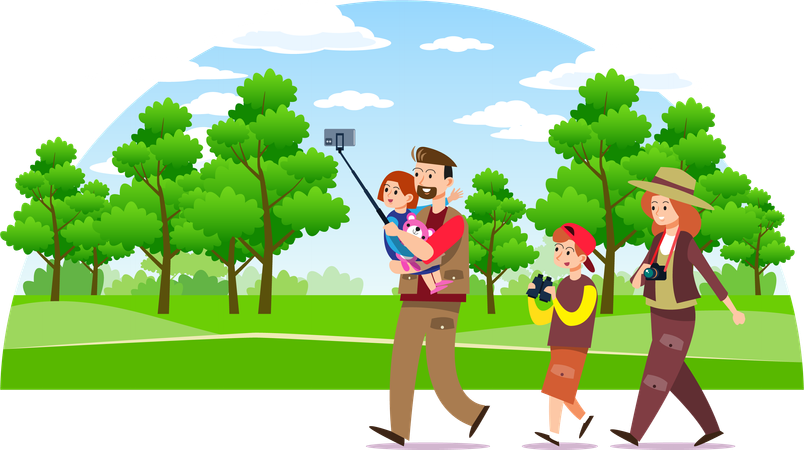 Family trekking in forest  イラスト