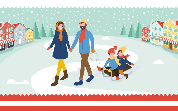 Family Tubing and Children Sitting on Sledges  Illustration