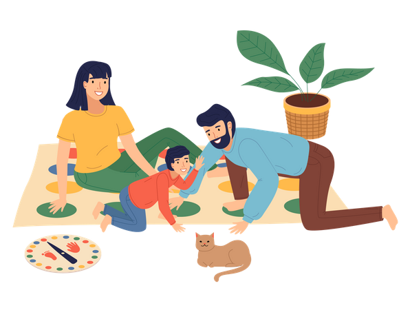 Family twister players have fun at home  イラスト