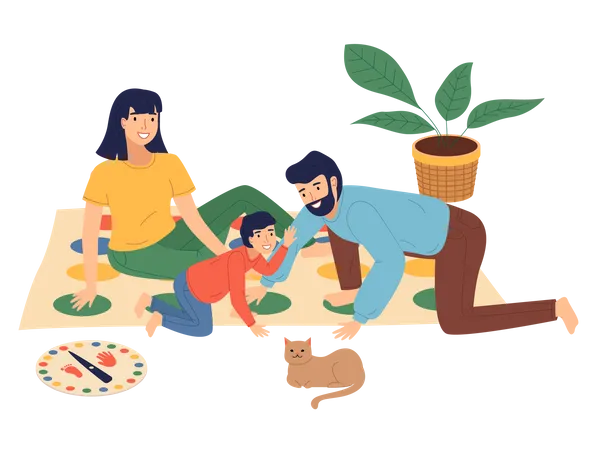 Family Has Fun Playing Twister Game Game Funny Poses At Lies Peacefully On Floor House Plant In Pot Fun For The Whole Family Indoors Activity Cartoon Twister Players Stay Home And Stay Safe イラスト