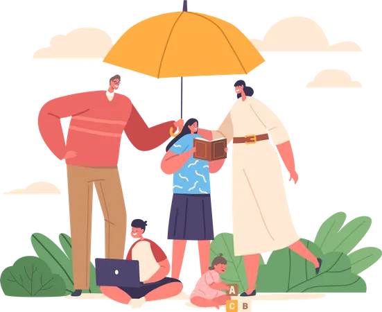 Family Under Protection Concept With Parents And Kids Covered With Umbrella Safeguarding And Supporting The Well Being Of Family Members Unity Security And Mutual Care Cartoon Vector Illustration Illustration