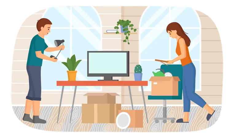 Young Family Moving To New House Puts Things In Cardboard Boxes Change Of Place Of Residence Moving To New Apartment Relocation Couple Unpacking Things After Shipping Rental Of Premises Concept Illustration