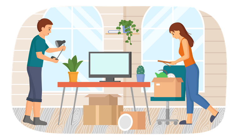 Family unpacking things after shipping  Illustration