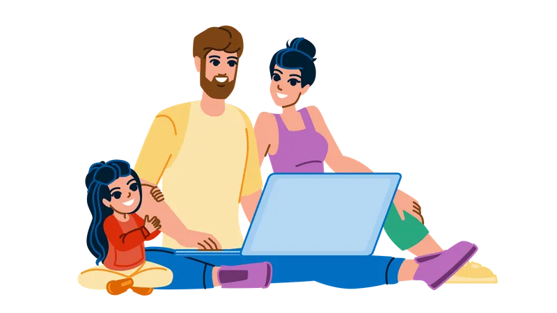 Family Computer Vector Man Home Laptop Happy Kid Internet Father Online Technology Parent Woman Family Computer Character People Flat Cartoon Illustration Illustration