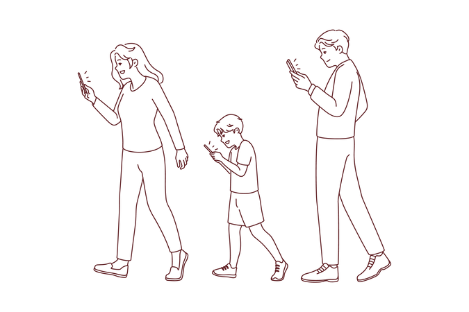 Family using phone while walking Illustration