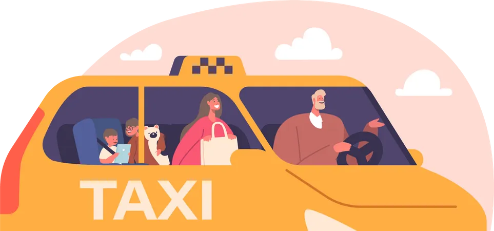 Family Using Taxi Automobile Service Illustration