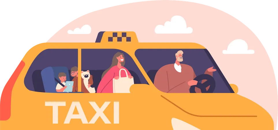 Family Using Taxi Automobile Service  Illustration