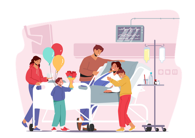 Family Visit Mother In Hospital Illustration