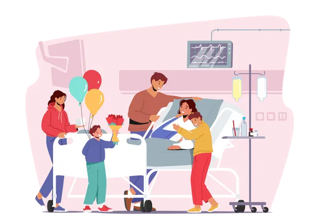 Family Visit Mother In Hospital Illustration