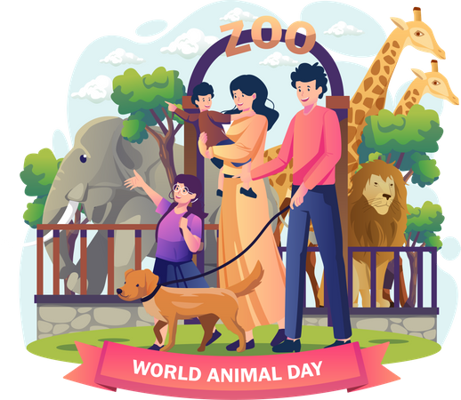 Family visit to the Zoo on world animal day  Illustration