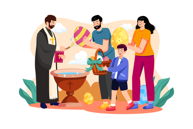 Family visiting church Father with easter eggs Illustration