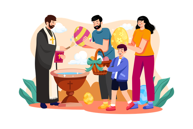 Family visiting church Father with easter eggs  Illustration