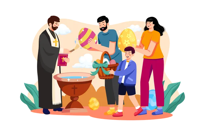 Family visiting church Father with easter eggs  Illustration