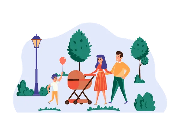 Family visiting garden with baby straller Illustration