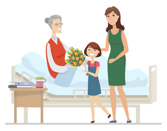 Family visiting grandmother at hospital  Illustration