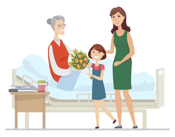 Family visiting grandmother at hospital  Illustration