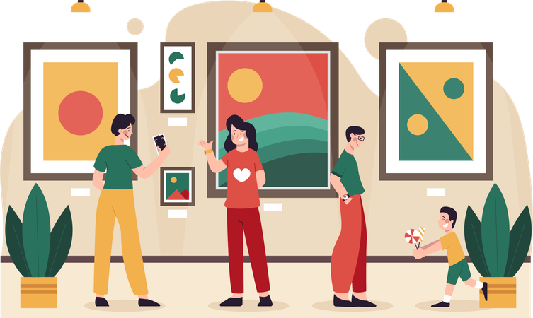 Family visiting  museum  Illustration