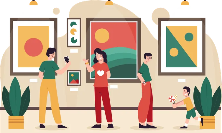 Family visiting  museum  Illustration