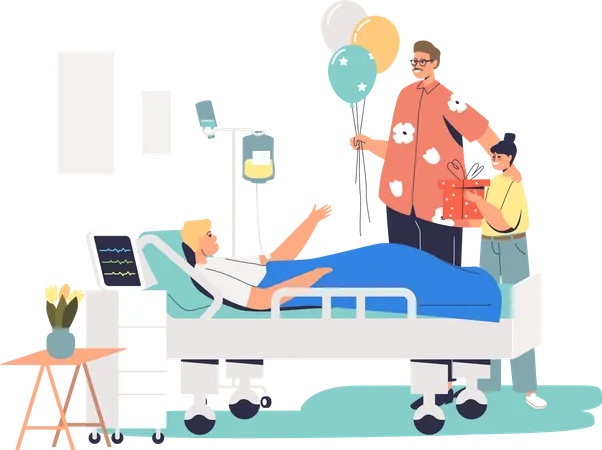 Family Visiting Patient In Hospital During Recovery After Illness People With Balloons At Sick Man Bed In Clinic Or Intensive Therapy Room Cartoon Flat Vector Illustration Illustration