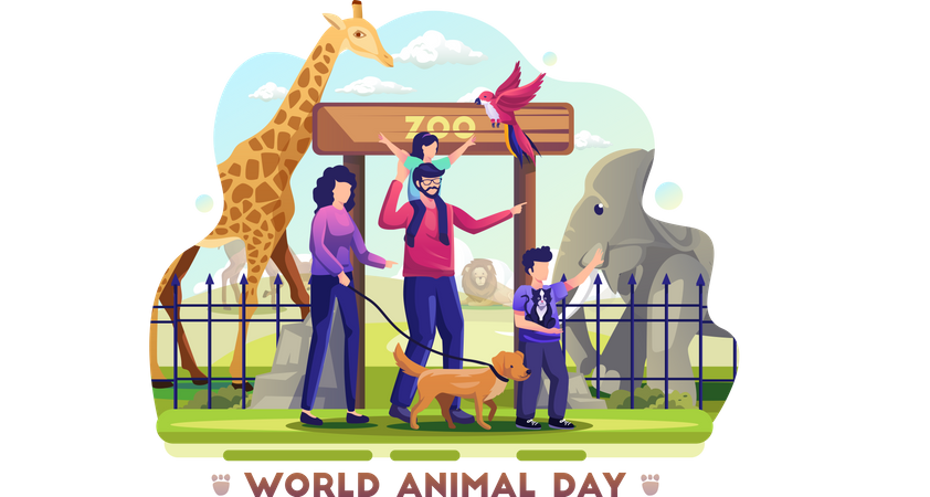 Family visiting zoo to celebrate world animal day Illustration