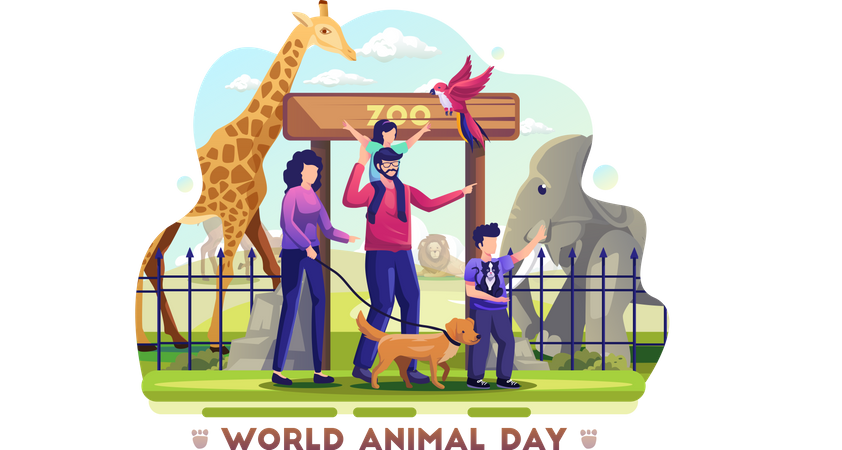 Family visiting zoo to celebrate world animal day  Illustration