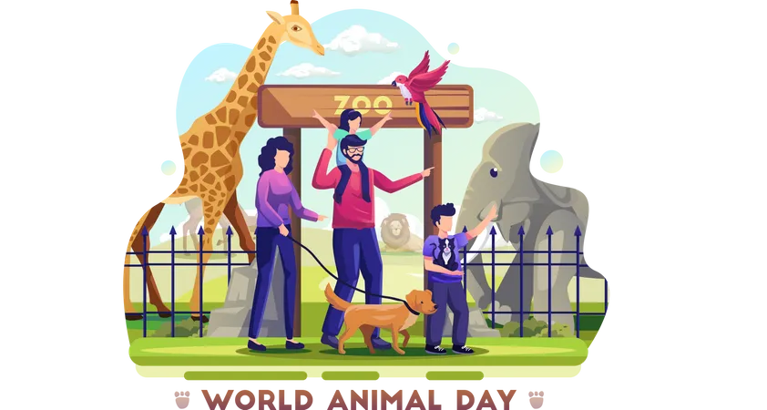 Family visiting zoo to celebrate world animal day  Illustration