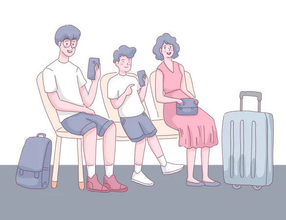 Tourist Families Sitting In Waiting Room At Airport Terminal Father And Son Enjoy With Mobile Phone In Cartoon Character Flat Vector Illustration Illustration