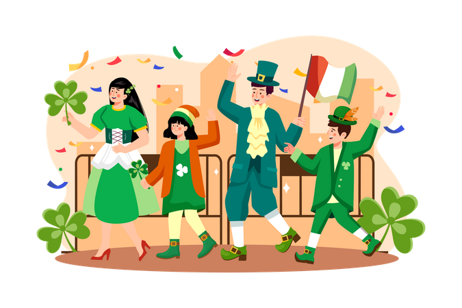 Family walking in parade of St. Patrick's Day Illustration