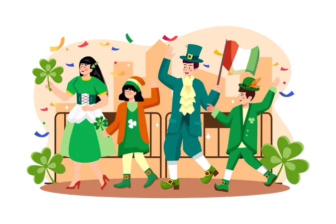 Family walking in parade of St. Patrick's Day Illustration